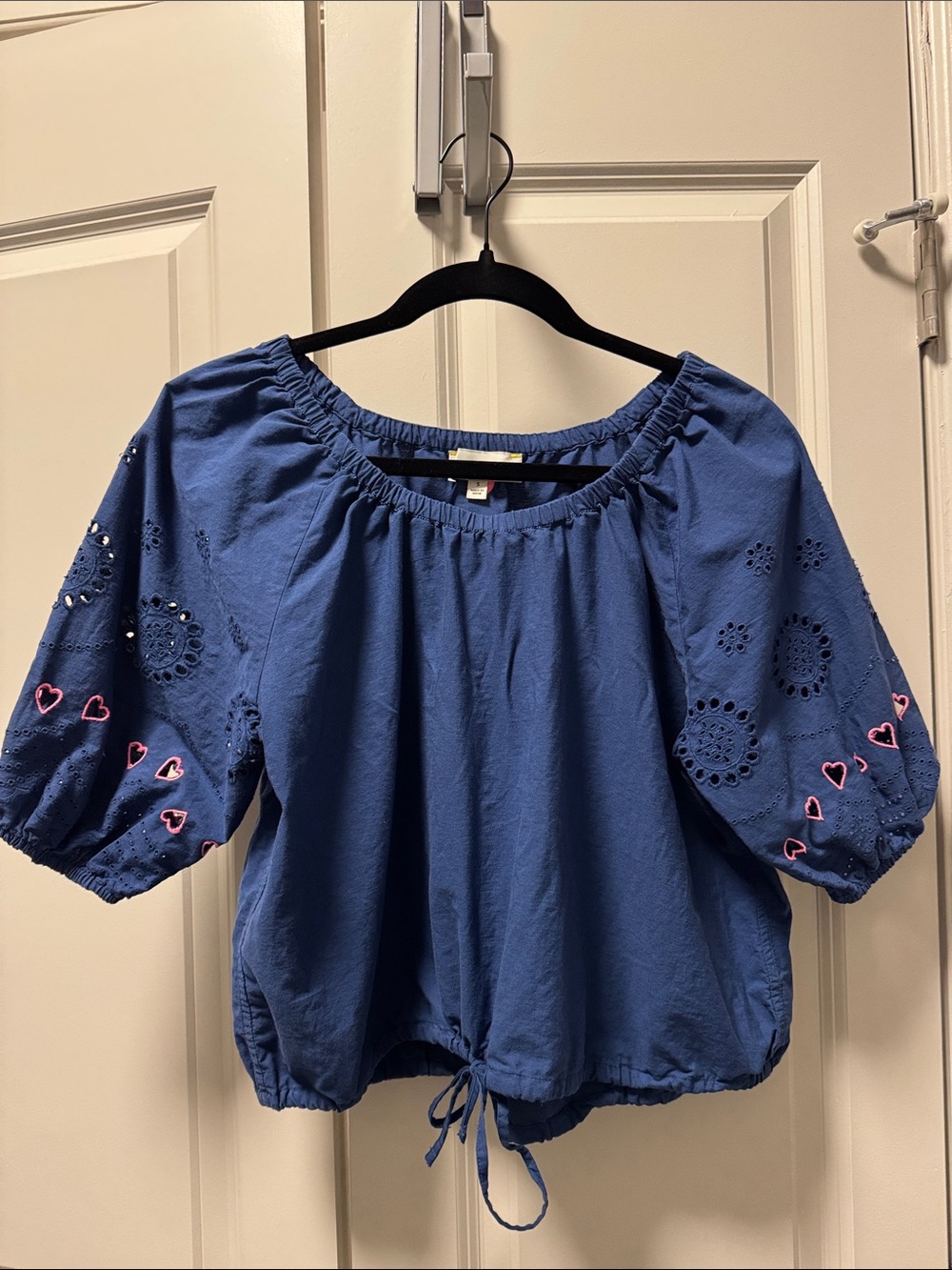 Kerri Rosenthal Blue Embroidered Heart Peasant Top with Drawstring Size Small